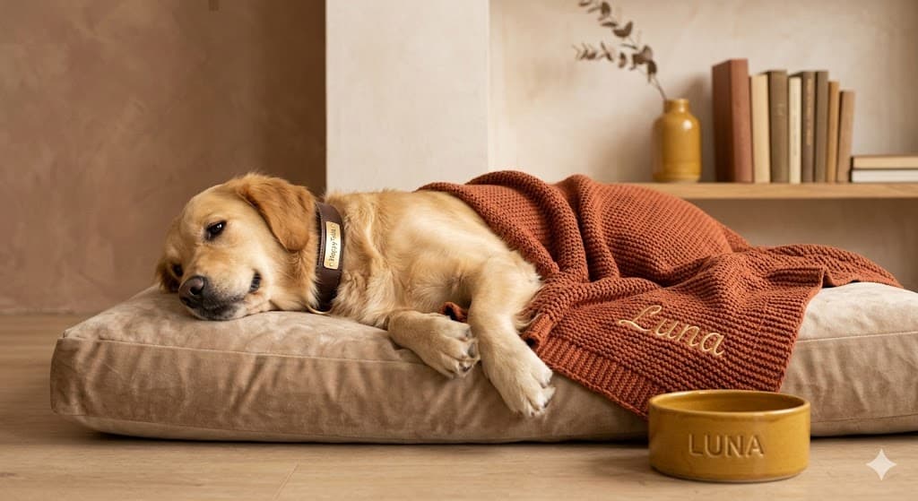 Golden retriever descansando con productos personalizados HappyTails